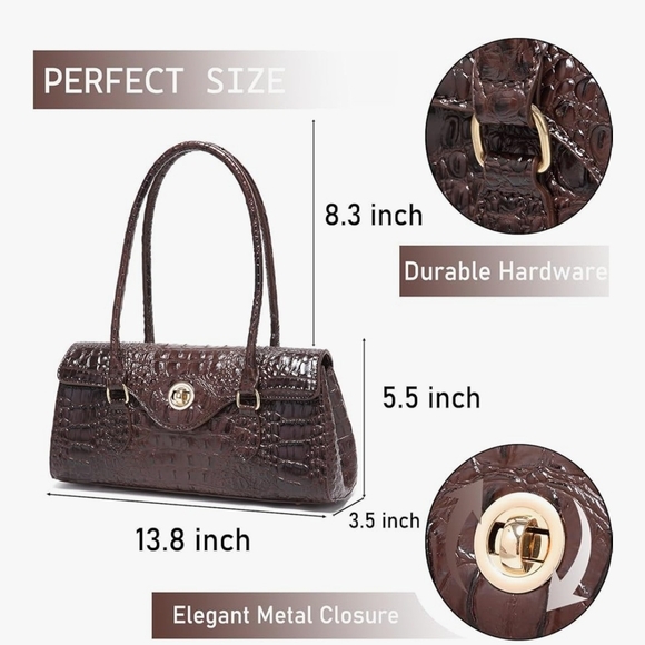 Dark Brown Crocodile Textured Shoulder Bag with Structured Design - Picture 3 of 7